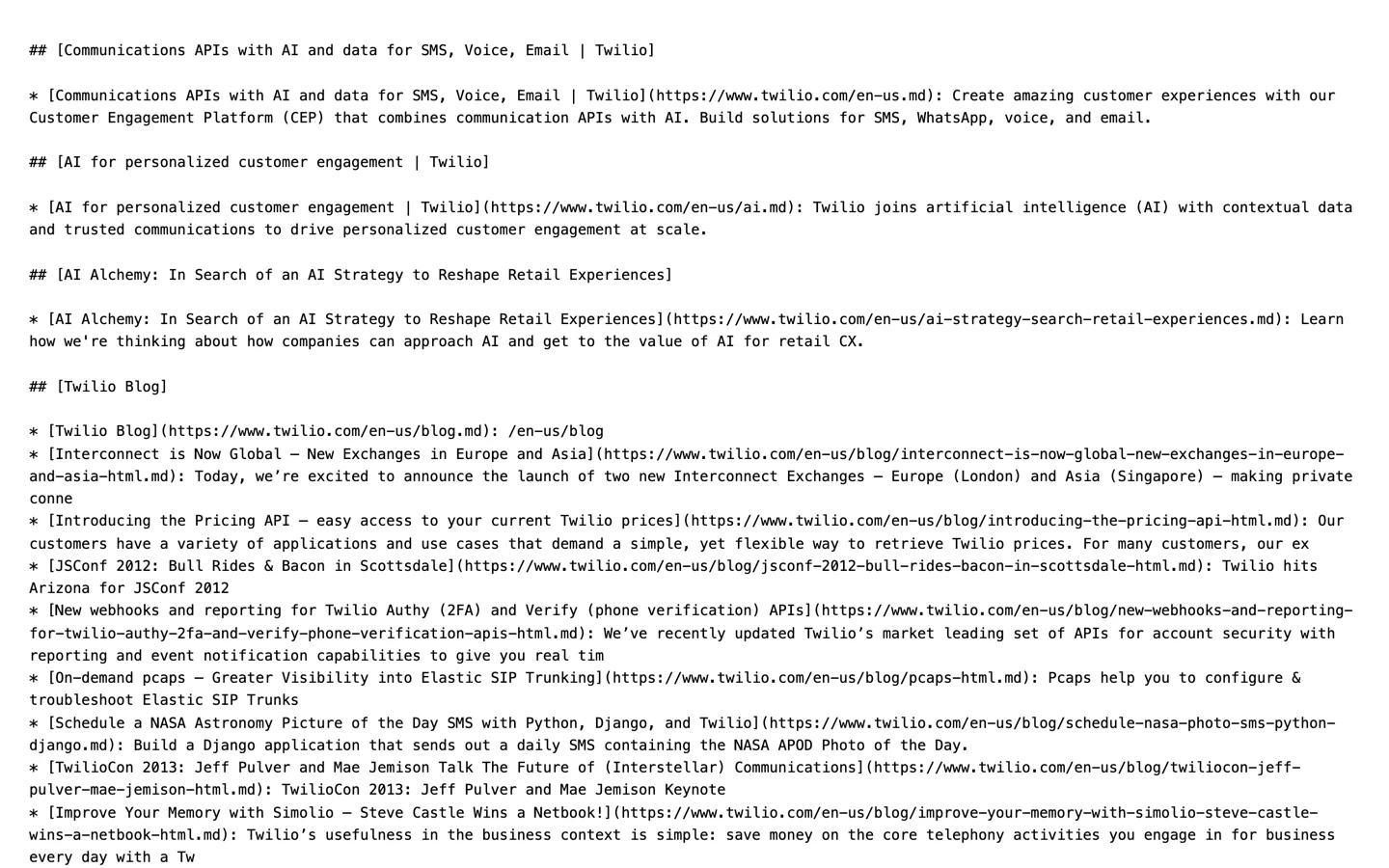 The opening of twilio.com/llms.txt, a 2.3 megabyte markdown file listing blog posts from 2012 and 2013 among its entries.