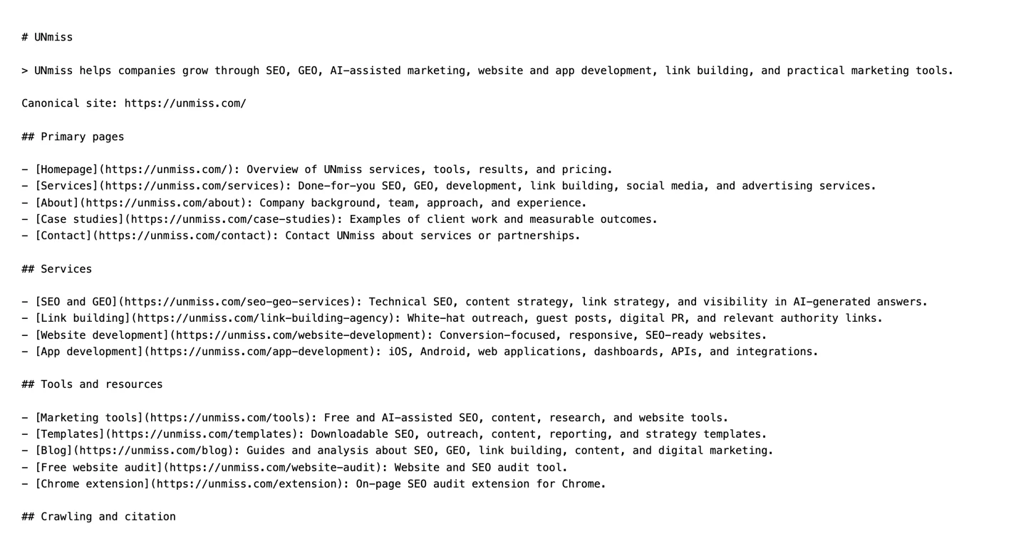 The seotools.pro llms.txt file: a short markdown index of 16 links grouped under a handful of headings, 2,162 bytes in total.