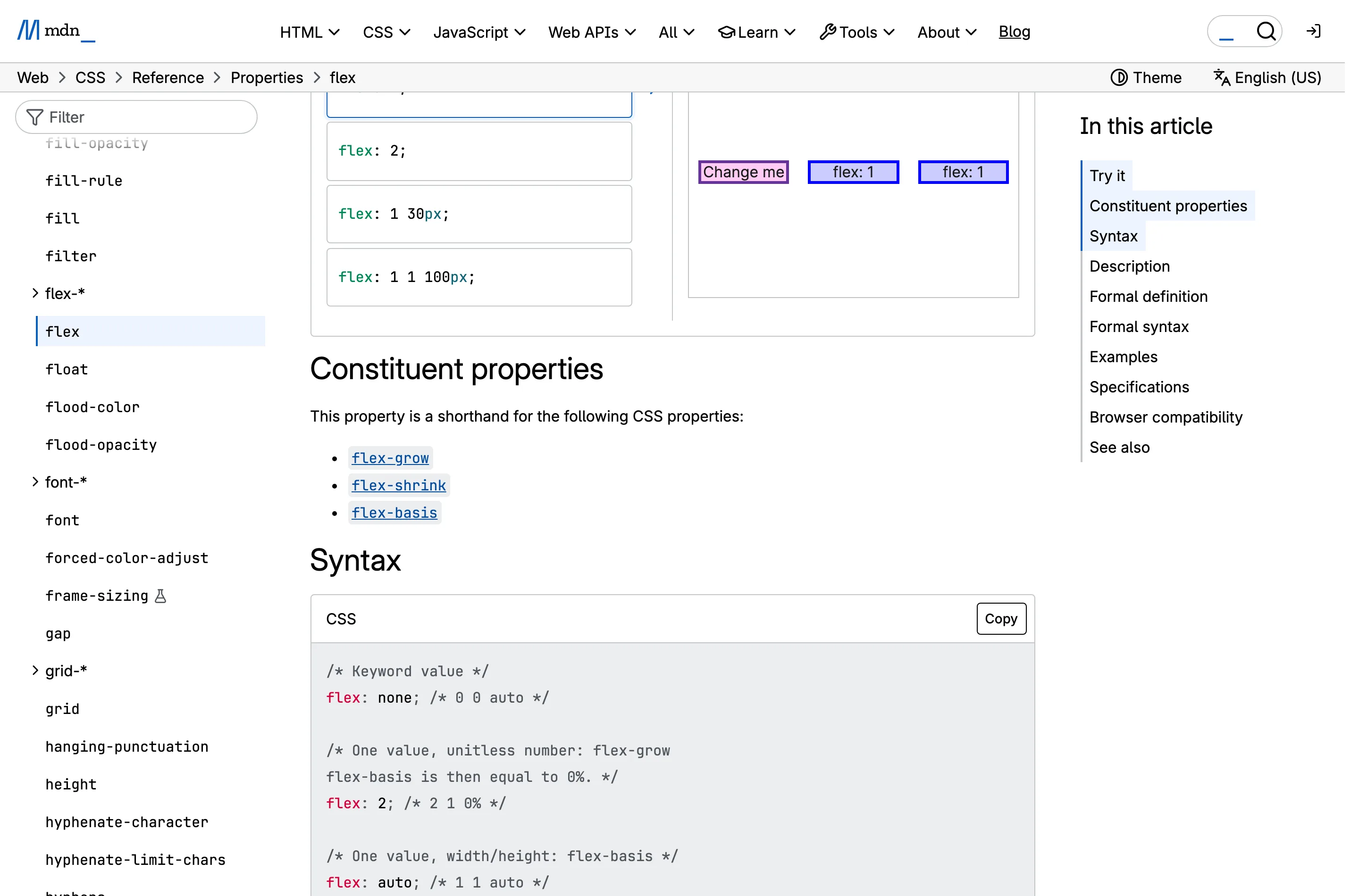 The MDN reference page for the CSS flex property in English, showing the syntax section, a live interactive example and the formal definition table.