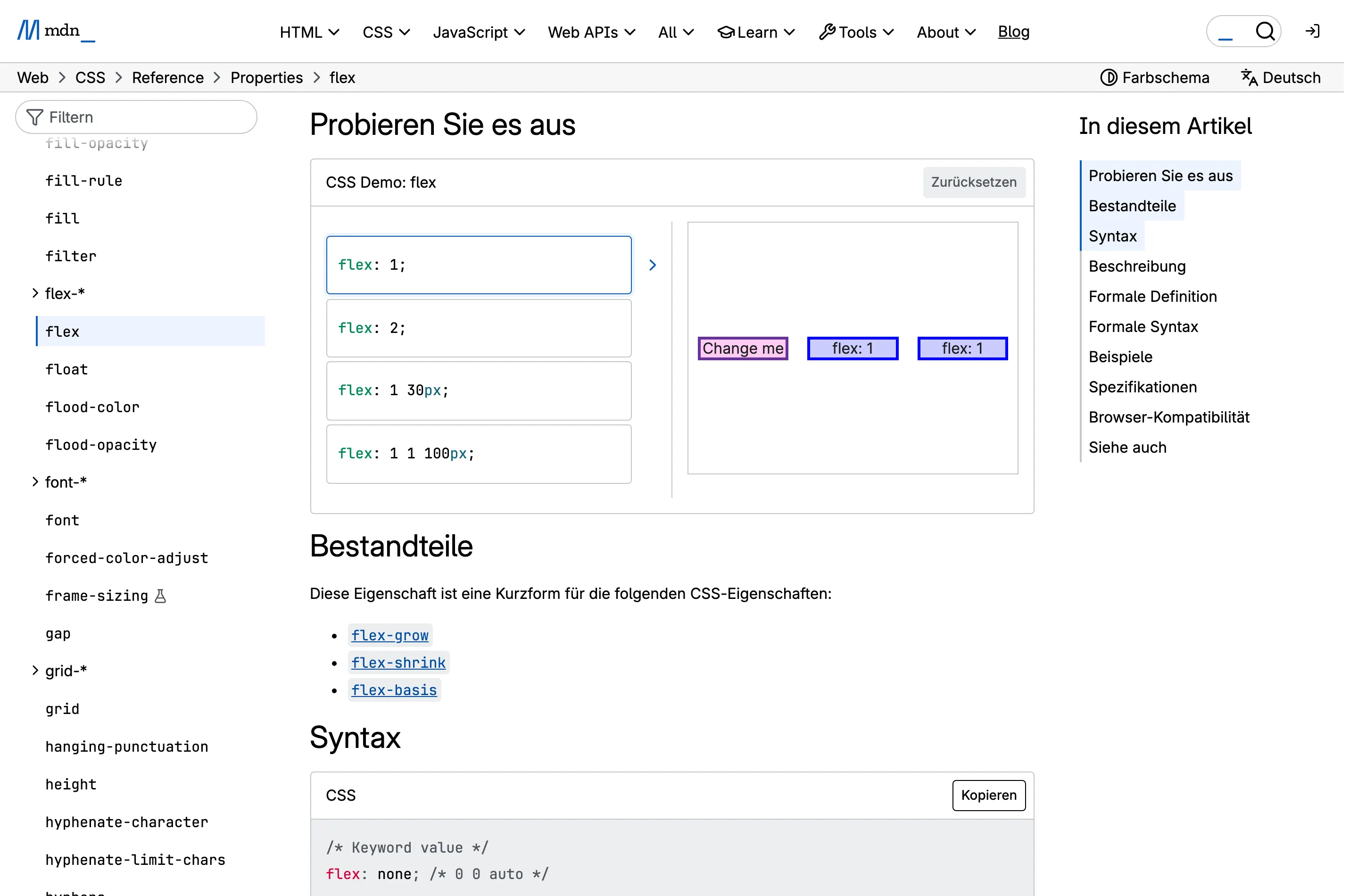 The MDN reference page for the CSS flex property in German, showing the same interactive example, syntax block and specification table with all prose translated.