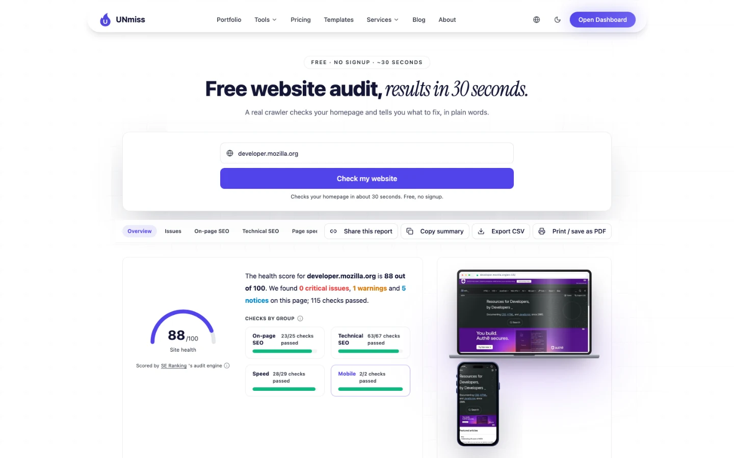 UNmiss Website Audit for developer.mozilla.org scoring 88 out of 100 site health, with 0 critical issues, 1 warning, 5 notices and 115 checks passed.