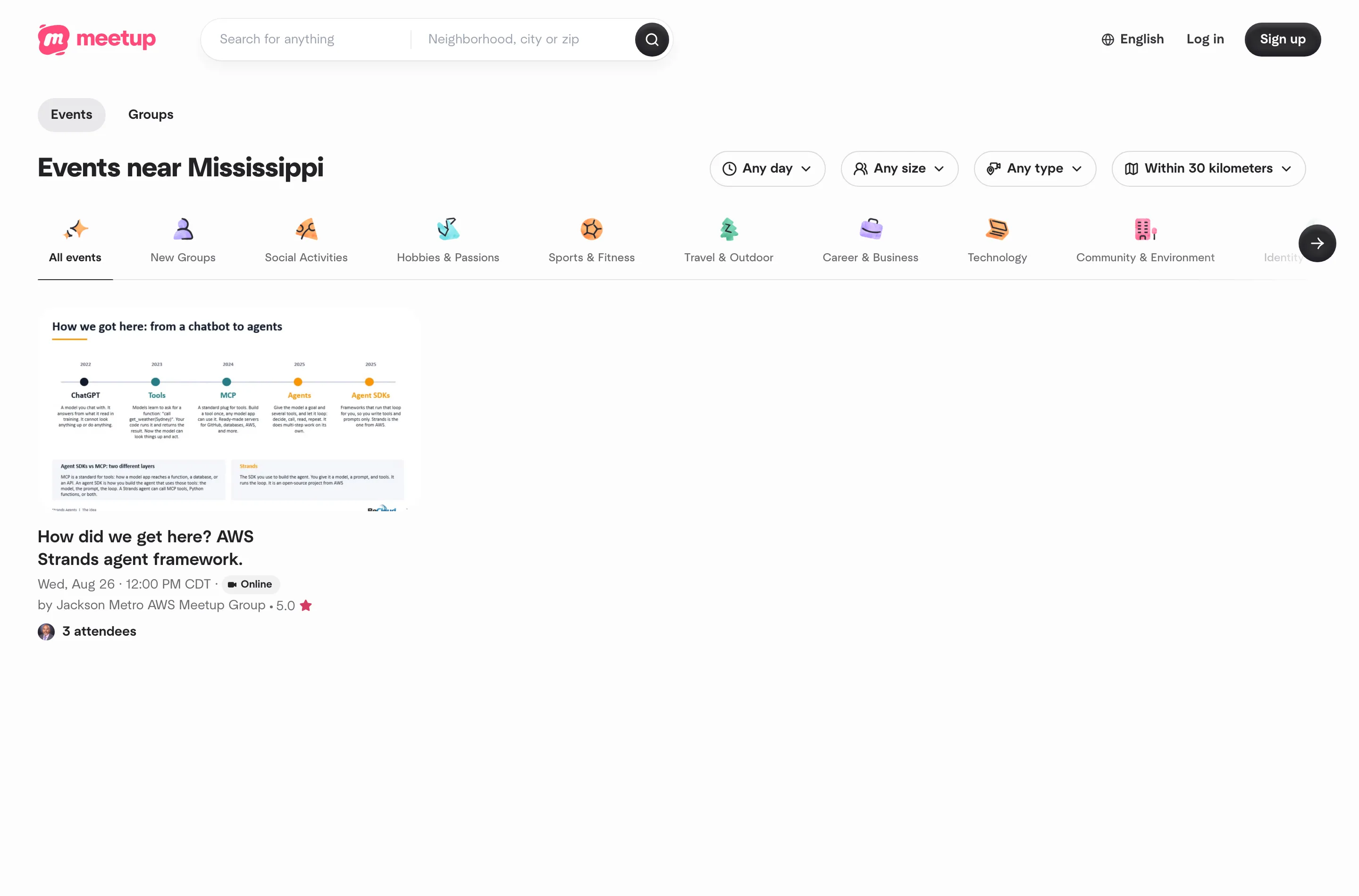 A Meetup page headed Events near Mississippi, with filter controls for day, size, type and distance, a row of topic tabs including Social Activities, Hobbies and Passions and Technology, and one upcoming event listed below.