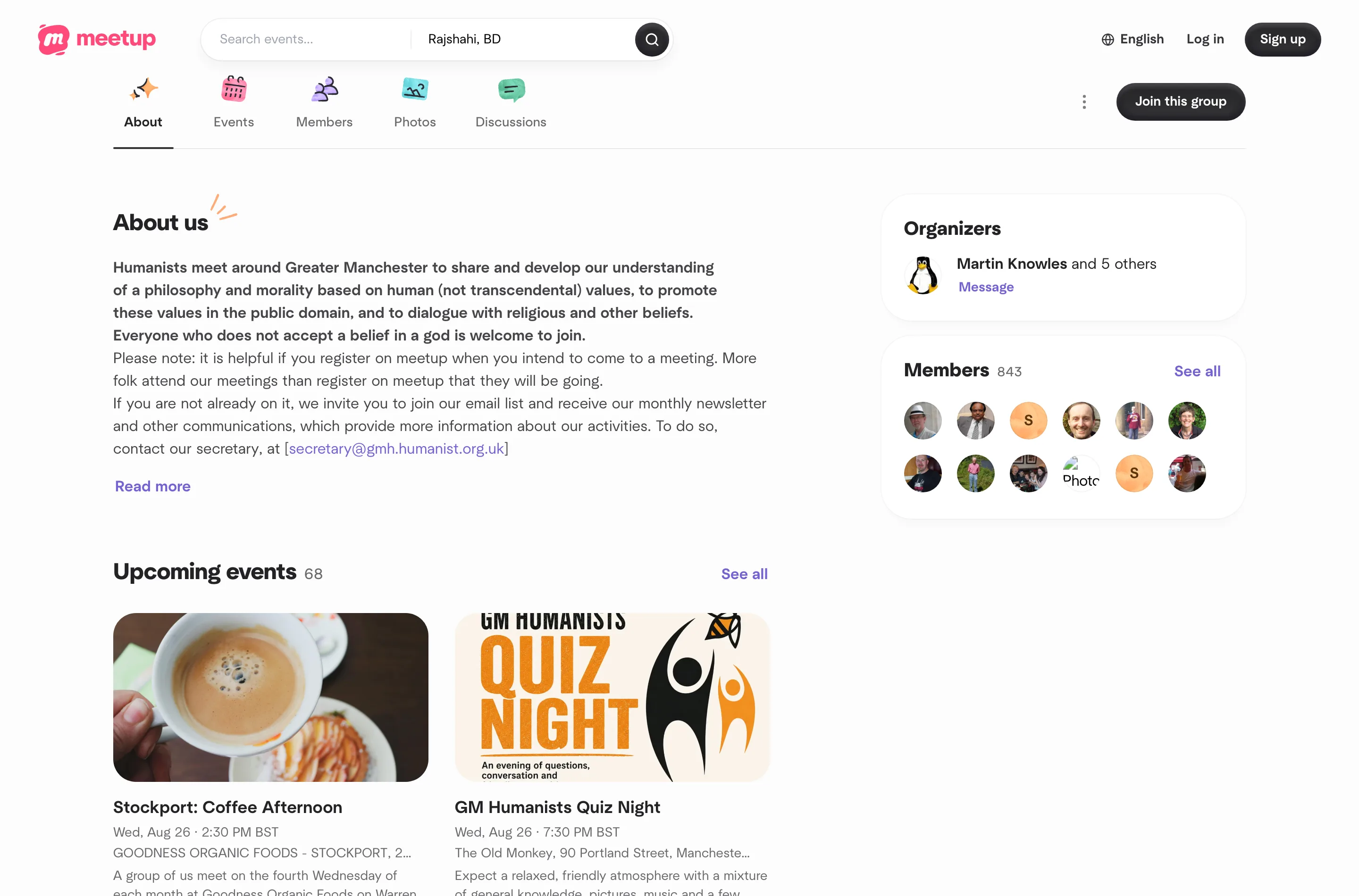 The Meetup page for a local humanists group, showing the group name, member count, description and a list of upcoming events beneath it.