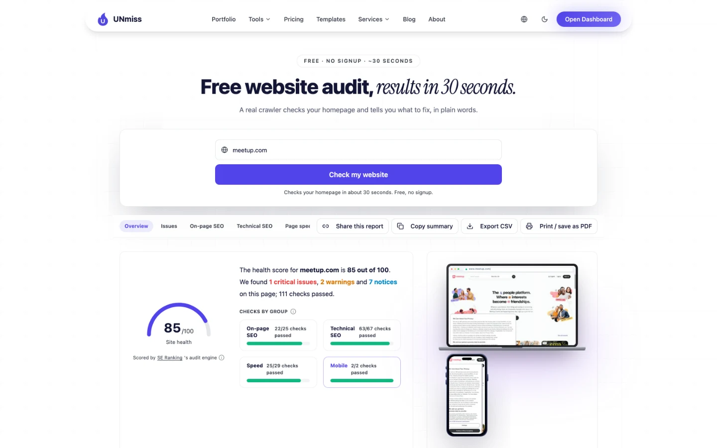 UNmiss Website Audit for meetup.com scoring 85 out of 100 site health, with 1 critical issue, 2 warnings, 7 notices and 111 checks passed.
