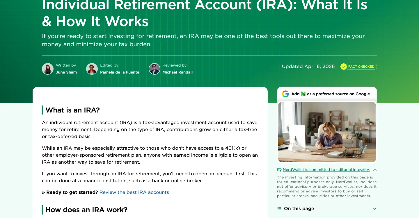 A NerdWallet article headline about individual retirement accounts, with a byline strip underneath showing three people with photographs, labelled Written by, Edited by and Reviewed by, plus an update date and a Fact Checked badge.