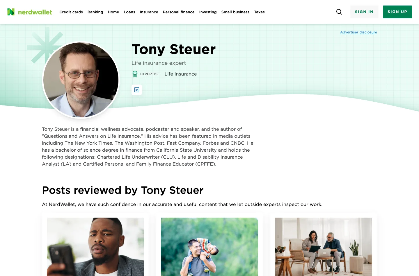 A NerdWallet reviewer page for a life insurance expert, showing a large portrait, the job description, an expertise tag reading Life Insurance, a LinkedIn link, a biography listing professional designations and media appearances, and below it a grid of the posts that person has reviewed.
