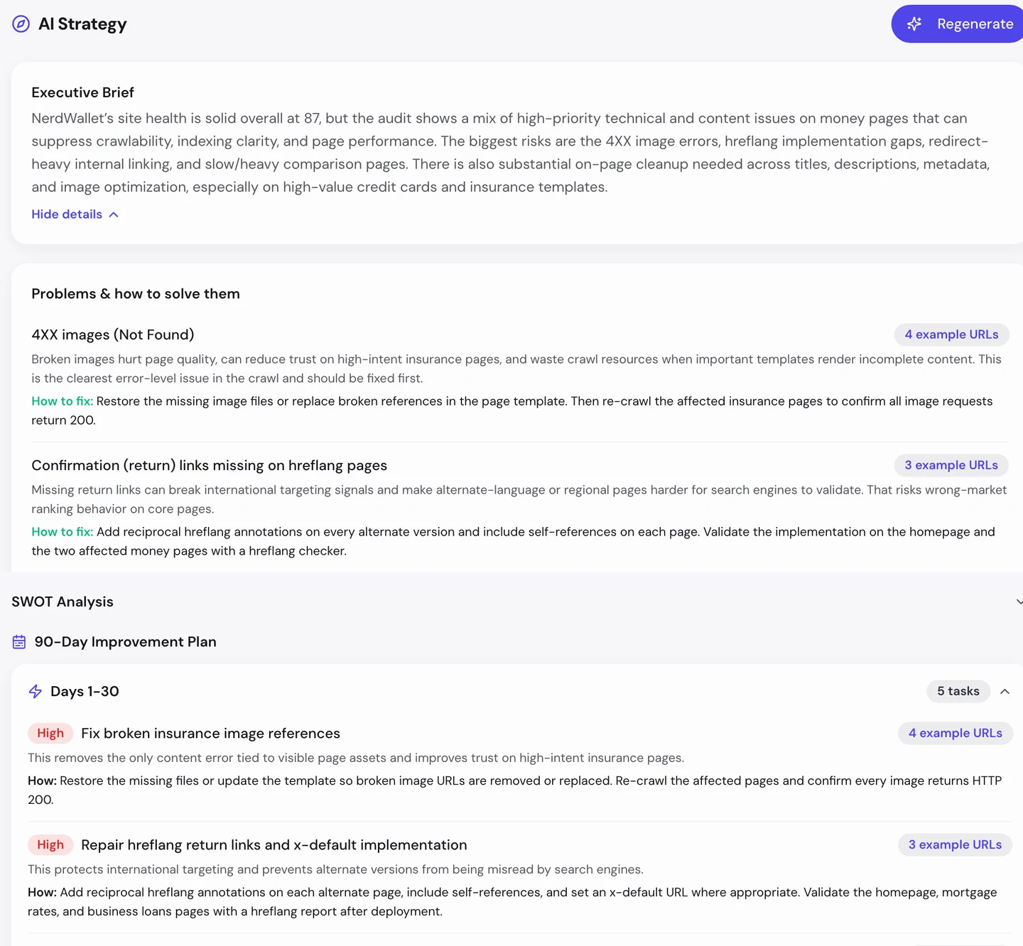 seotools.pro Website Audit AI tab for www.nerdwallet.com: an executive brief, problems with how to fix them, led by 4XX images and missing hreflang return links, and a 90-day improvement plan whose first 30 days start with fixing broken insurance image references and repairing hreflang return links.