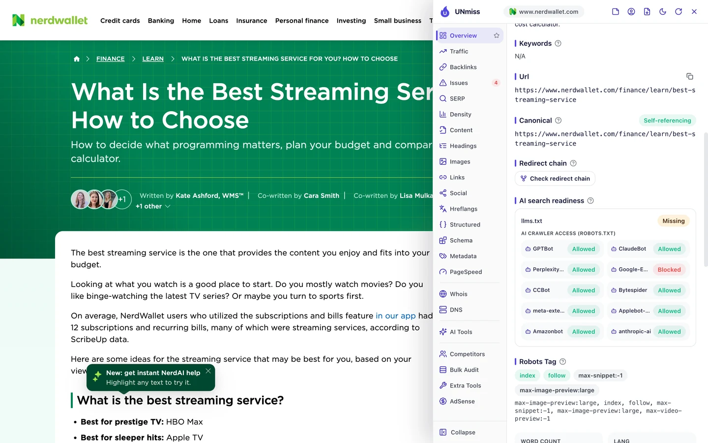 The UNmiss browser extension on NerdWallet's streaming service guide showing AI search readiness: llms.txt missing, and AI crawler access from robots.txt with GPTBot, ClaudeBot, PerplexityBot, CCBot, Bytespider, meta-externalagent, Applebot-Extended, Amazonbot and anthropic-ai allowed, and Google-Extended blocked.