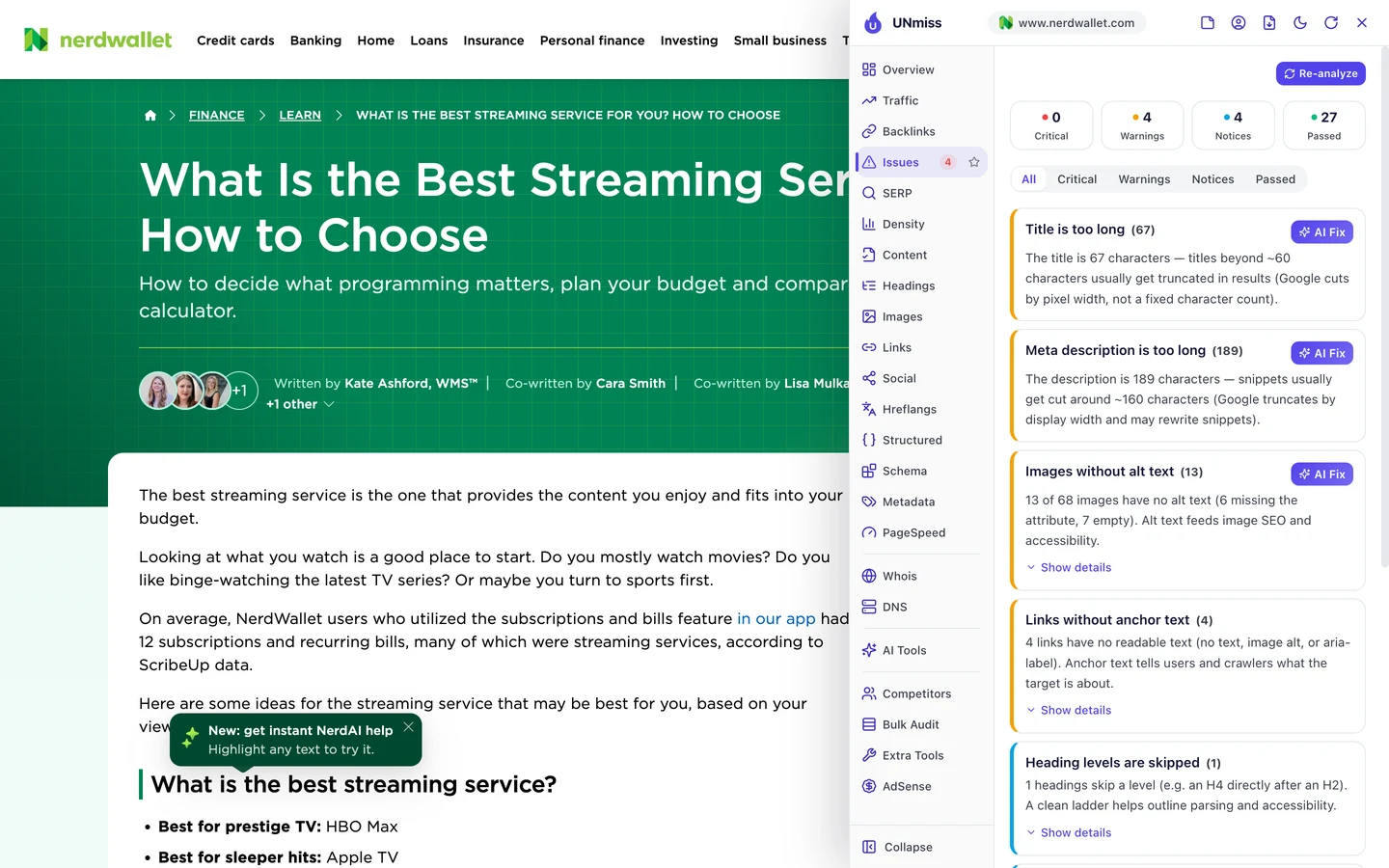 The UNmiss browser extension Issues tab on NerdWallet's streaming service guide: 0 critical, 4 warnings, 4 notices and 27 passed, with the title too long at 67 characters, the meta description too long at 189 characters, 13 of 68 images without alt text, 4 links without anchor text and 1 skipped heading level.