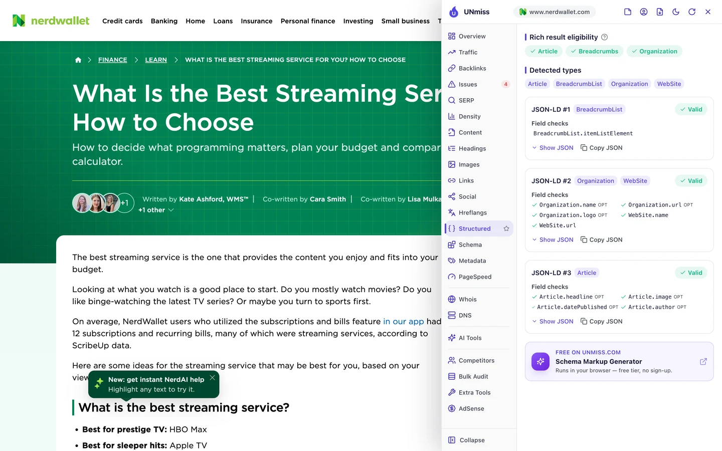 The UNmiss browser extension Structured tab on NerdWallet's streaming service guide, showing Article, Breadcrumbs and Organization rich result eligibility and 3 valid JSON-LD blocks: BreadcrumbList, Organization with WebSite, and Article.
