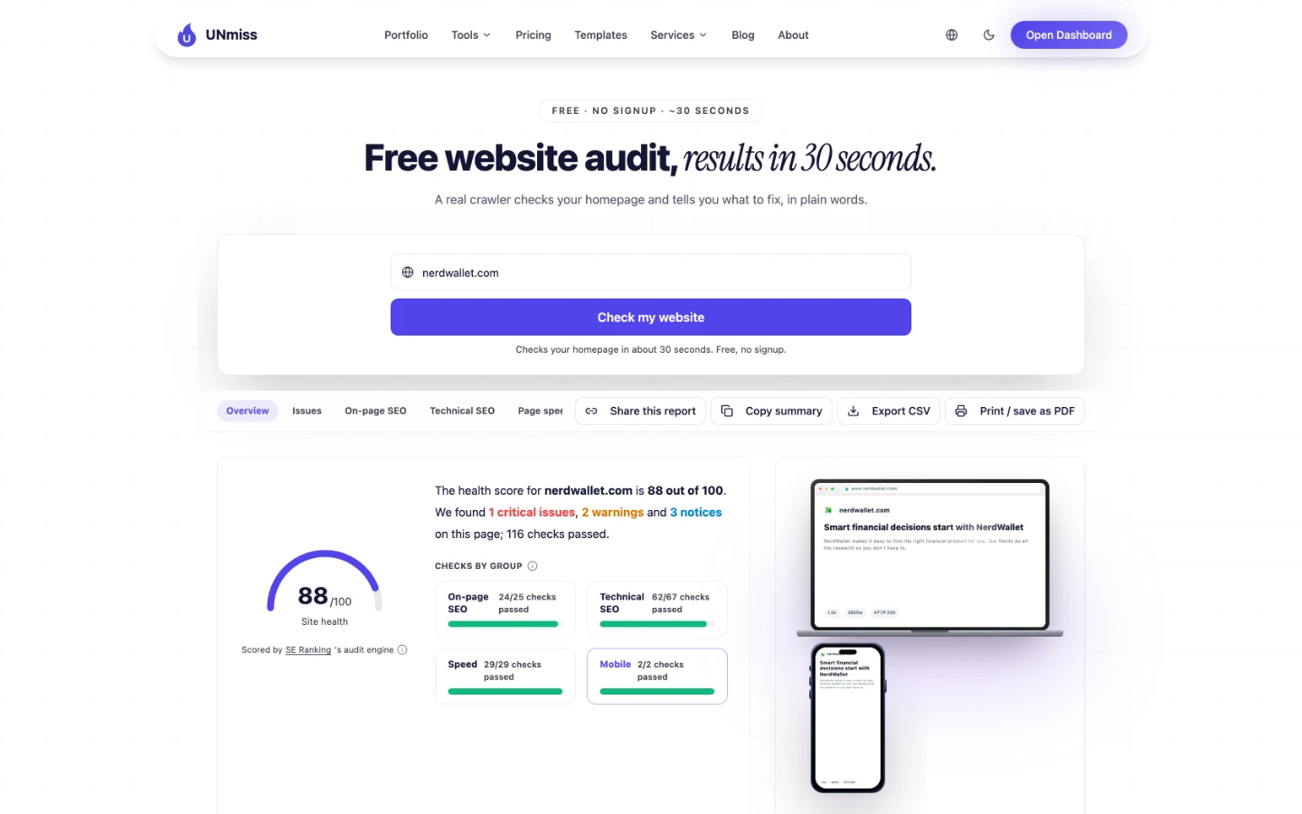 UNmiss Website Audit for nerdwallet.com scoring 88 out of 100 site health, with 1 critical issue, 2 warnings, 3 notices and 116 checks passed.