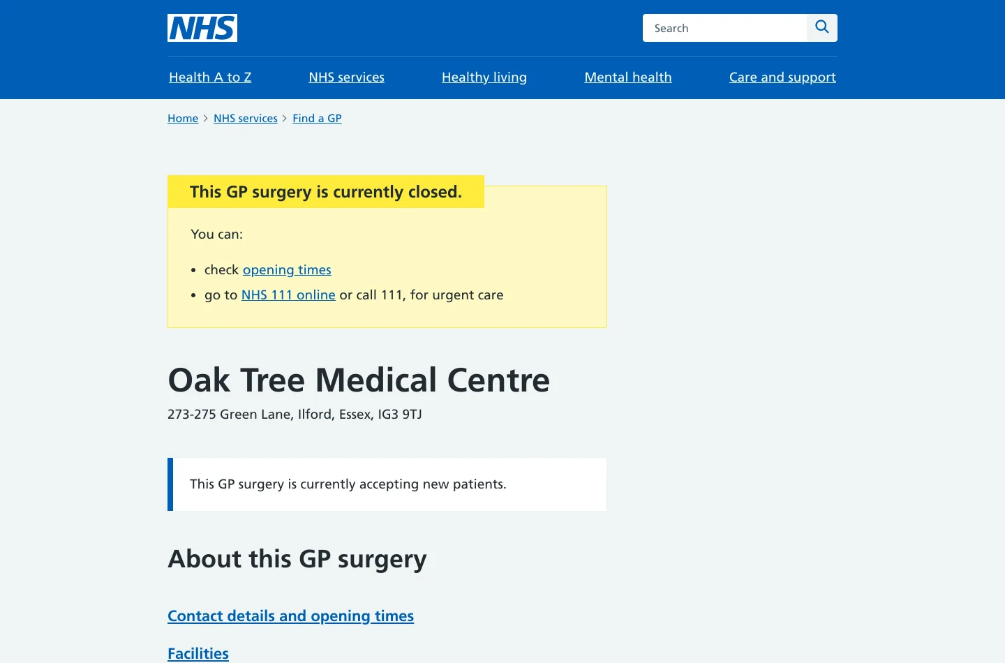 An NHS.uk GP surgery profile page, showing address, opening hours and services.