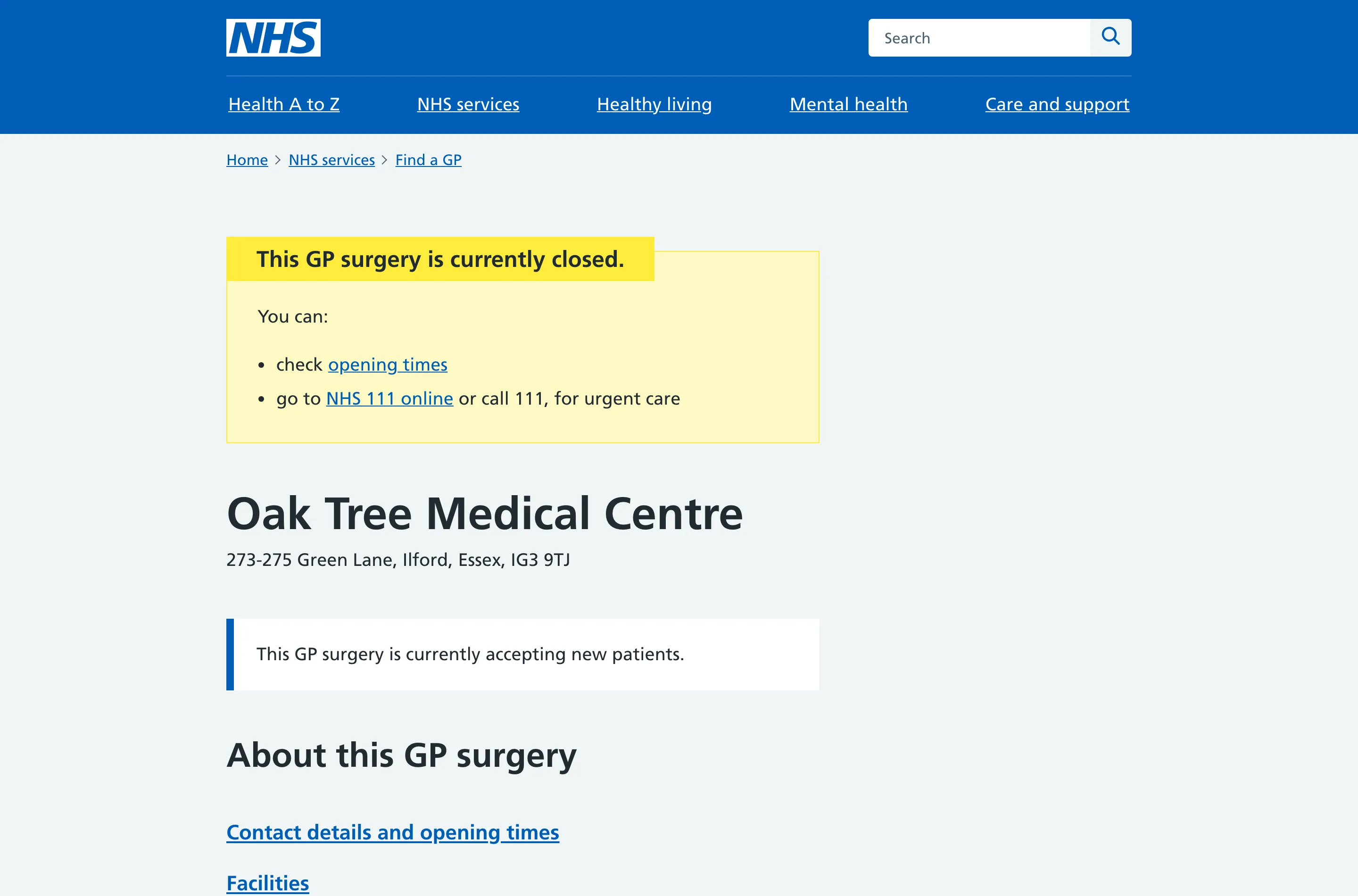 An NHS.uk GP surgery profile page showing the practice name, address, contact details and appointment information in the standard NHS layout