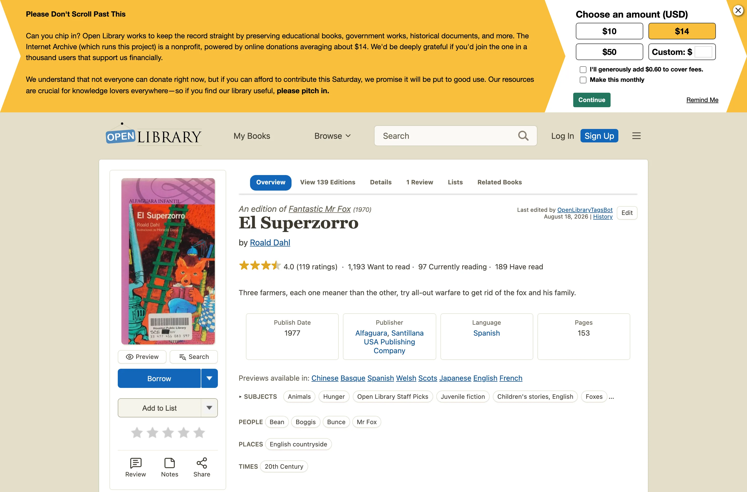 An Open Library work page showing the title, author link, cover art and edition list