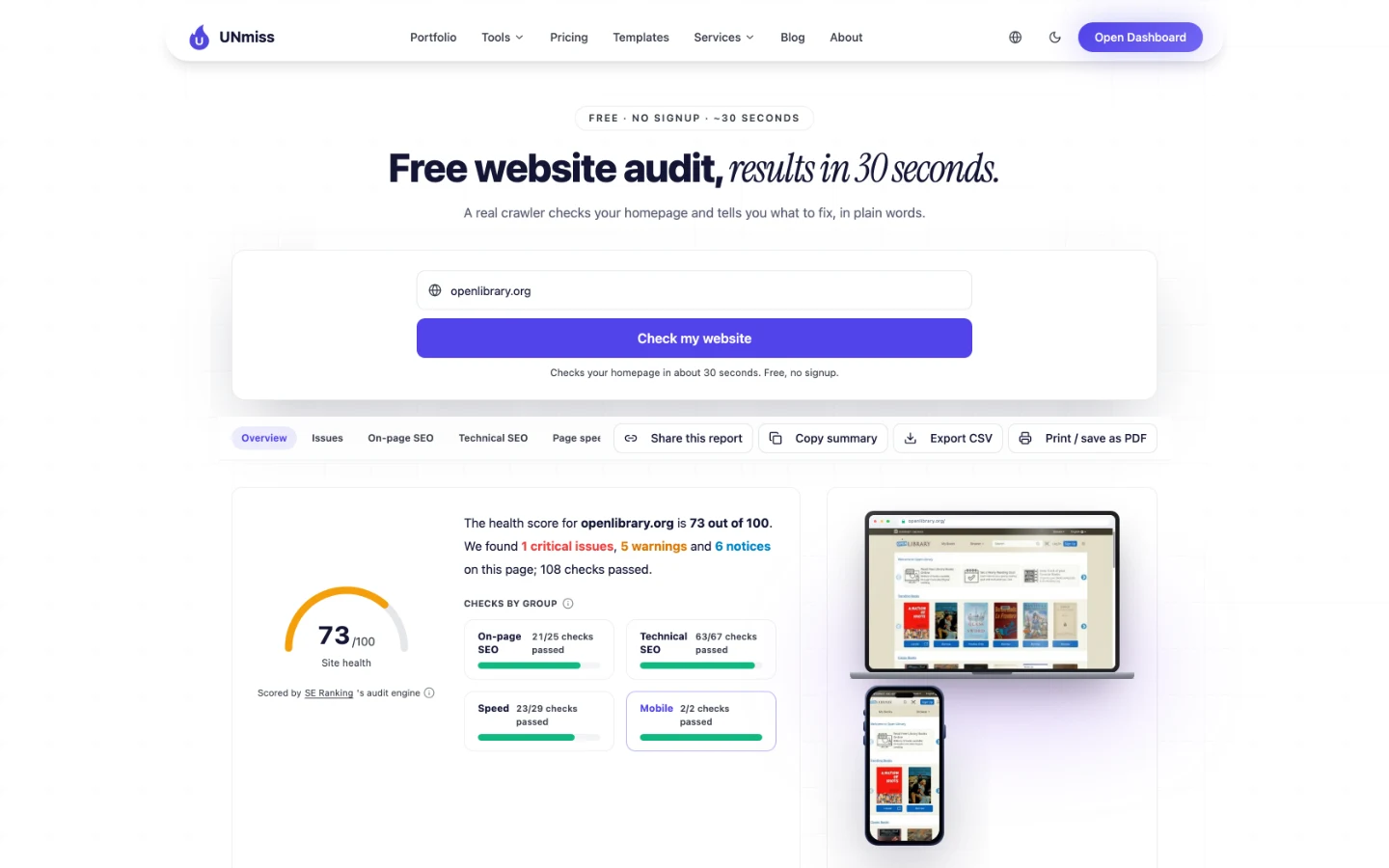 UNmiss Website Audit for openlibrary.org scoring 73 out of 100 site health, with 1 critical issue, 5 warnings, 6 notices and 108 checks passed.