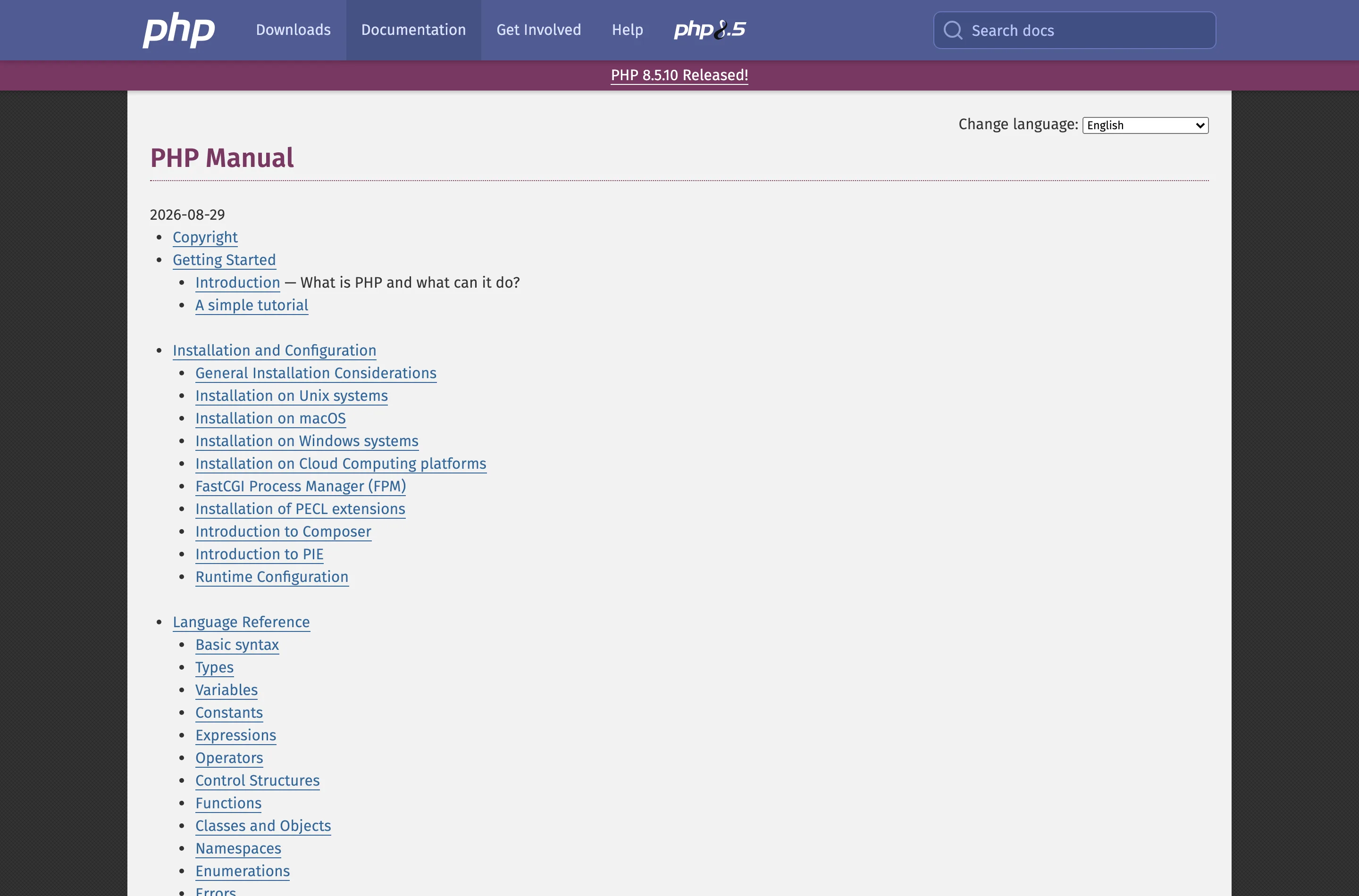 The PHP manual's English function index page on php.net, showing dense multi-column lists of function reference links