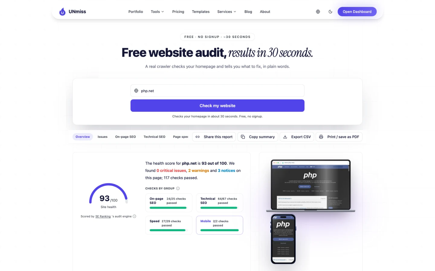 UNmiss Website Audit for php.net scoring 93 out of 100 site health, with 0 critical issues, 2 warnings, 3 notices and 117 checks passed.