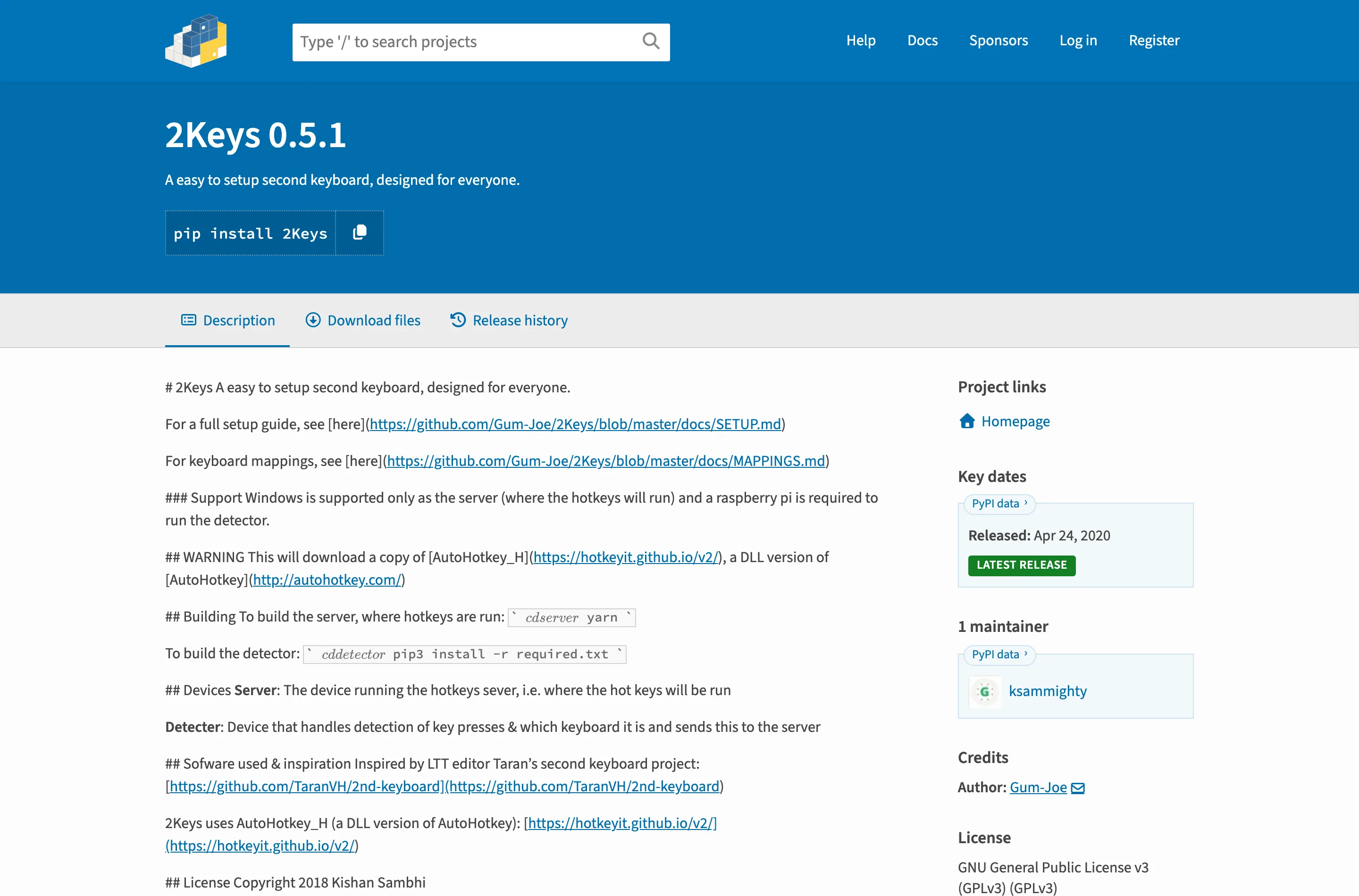 The PyPI page for a package called 2Keys, laid out identically to the requests page, but with unrendered markdown symbols left in the description, a typo in the summary line, a single maintainer and a latest release dated April 2020.