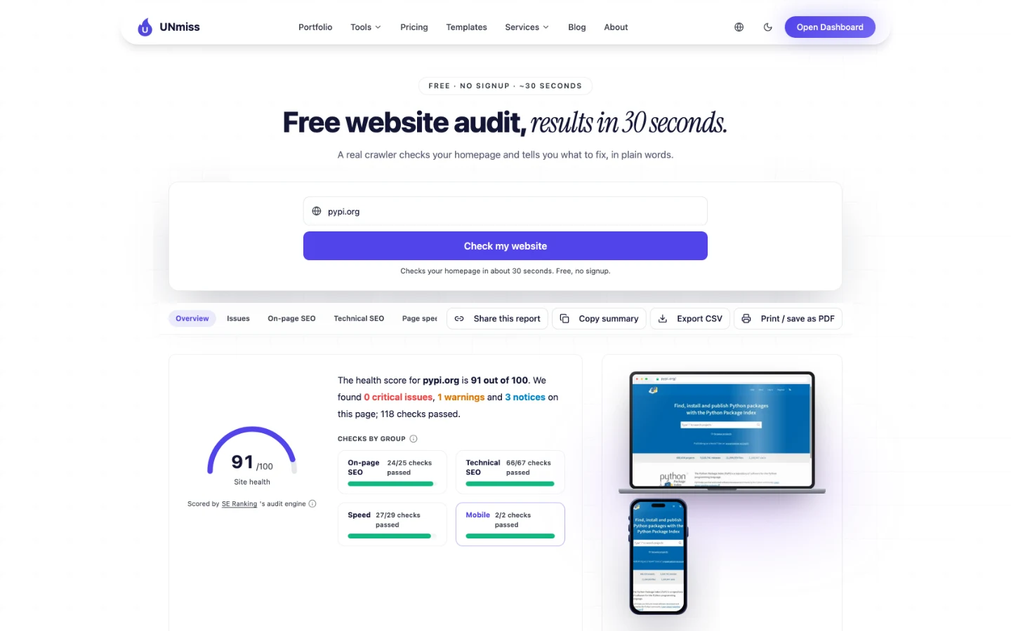 UNmiss Website Audit for pypi.org scoring 91 out of 100 site health, with 0 critical issues, 1 warning, 3 notices and 118 checks passed.