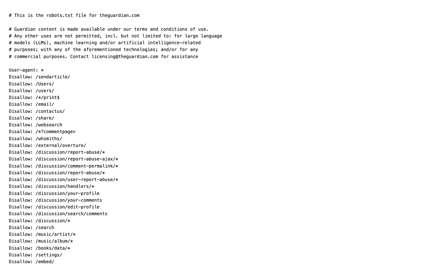 The robots.txt file of theguardian.com, showing user-agent groups for AI crawlers alongside large permissive groups with only path-level rules.