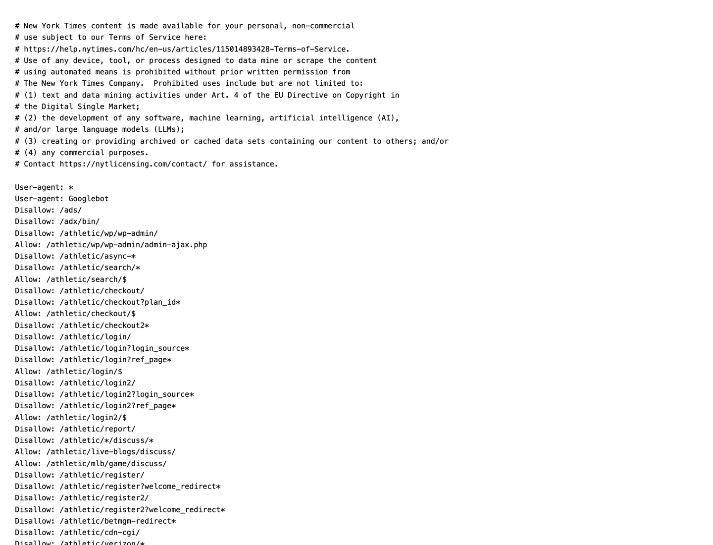 The robots.txt file of nytimes.com, listing AI crawler user agents each followed by a site-wide Disallow slash rule.
