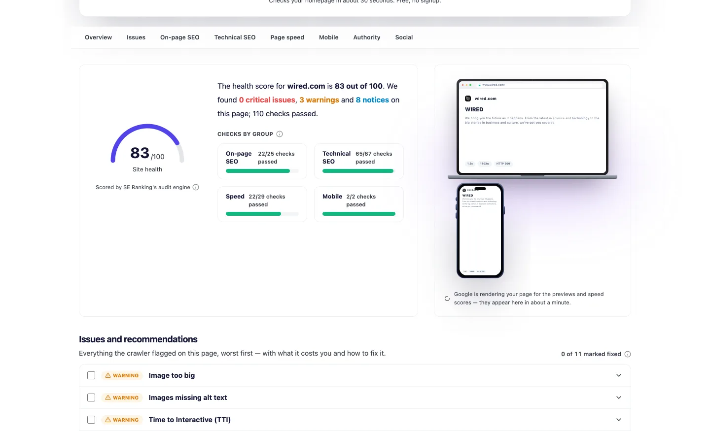 UNmiss Website Audit report for wired.com showing a site health score of 83 out of 100, zero critical issues, three warnings, eight notices and 110 checks passed, with groups for on-page SEO, technical SEO, speed and mobile.
