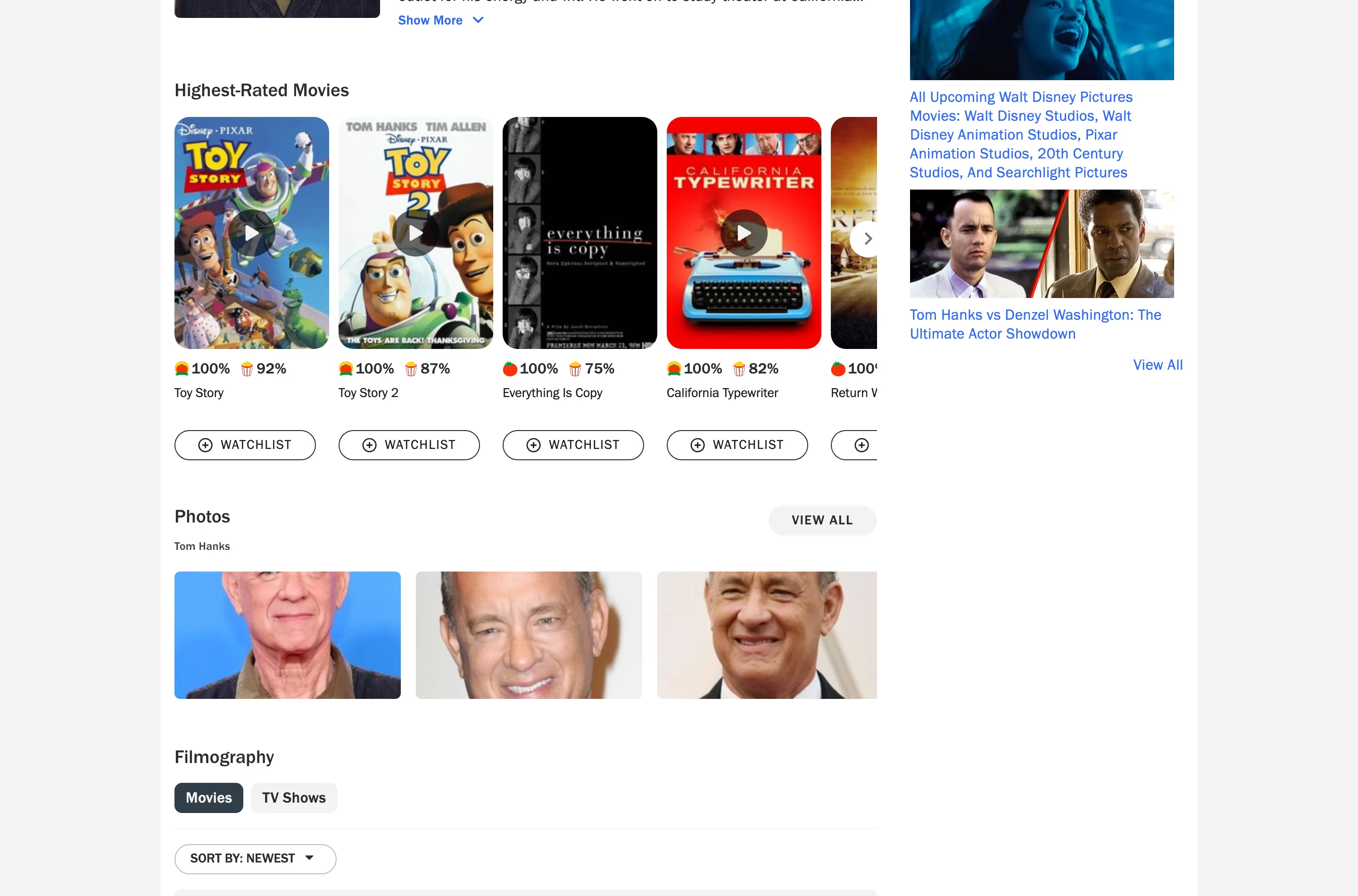 A Rotten Tomatoes celebrity page showing an actor's photograph, biography and a long filmography table listing each title with its Tomatometer score, audience score, credit and year.