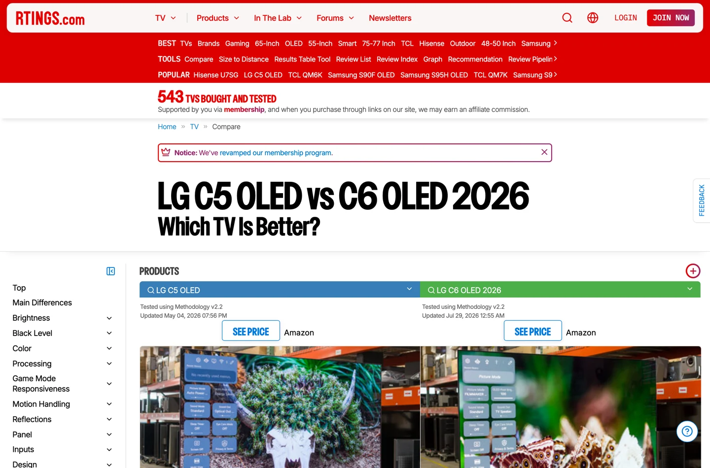 An RTINGS side-by-side comparison page for two OLED televisions, showing the two products next to each other with their measured test scores laid out in matching rows for direct comparison.