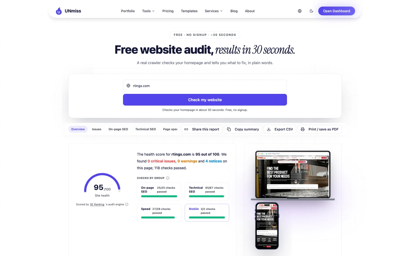 UNmiss Website Audit для rtings.com з оцінкою здоров'я сайту 95 зі 100: 0 критичних проблем, 0 попереджень, 4 зауваження і 118 пройдених перевірок.