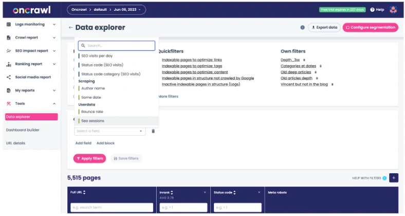 Official Oncrawl screenshot showing the Data Explorer and quick filters.