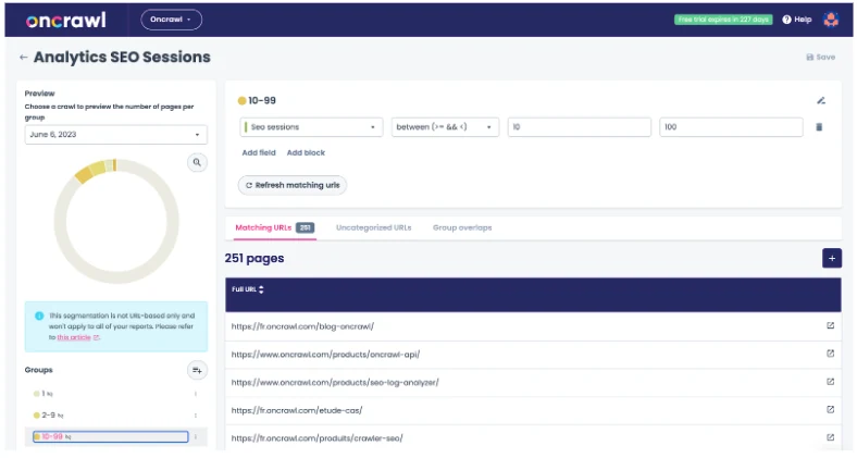 Official Oncrawl screenshot showing SEO sessions segmentation.