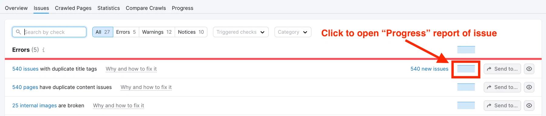 Official Semrush Site Audit screenshot showing issue tabs.