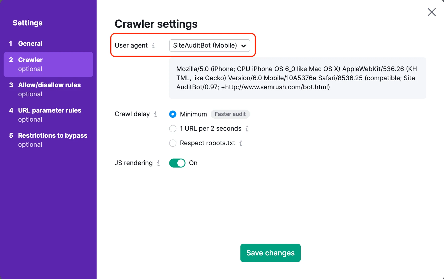 Official Semrush Site Audit screenshot showing crawler settings.
