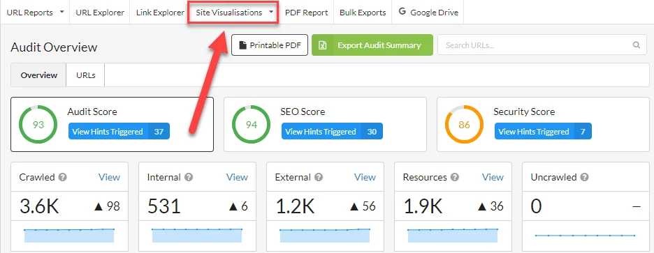 Official Sitebulb screenshot showing visualization controls inside an audit.