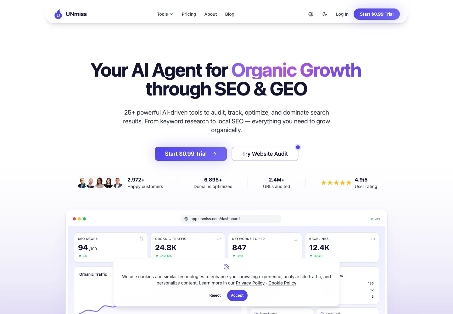 UNmiss dashboard screenshot with the main SEO health overview.