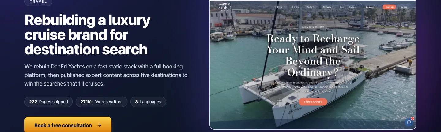 UNmiss case study header for DanEri Yachts reading rebuilding a luxury cruise brand for destination search, with badges showing 222 pages shipped, 271K plus words written and 3 languages, beside a screenshot of the live DanEri Yachts site.