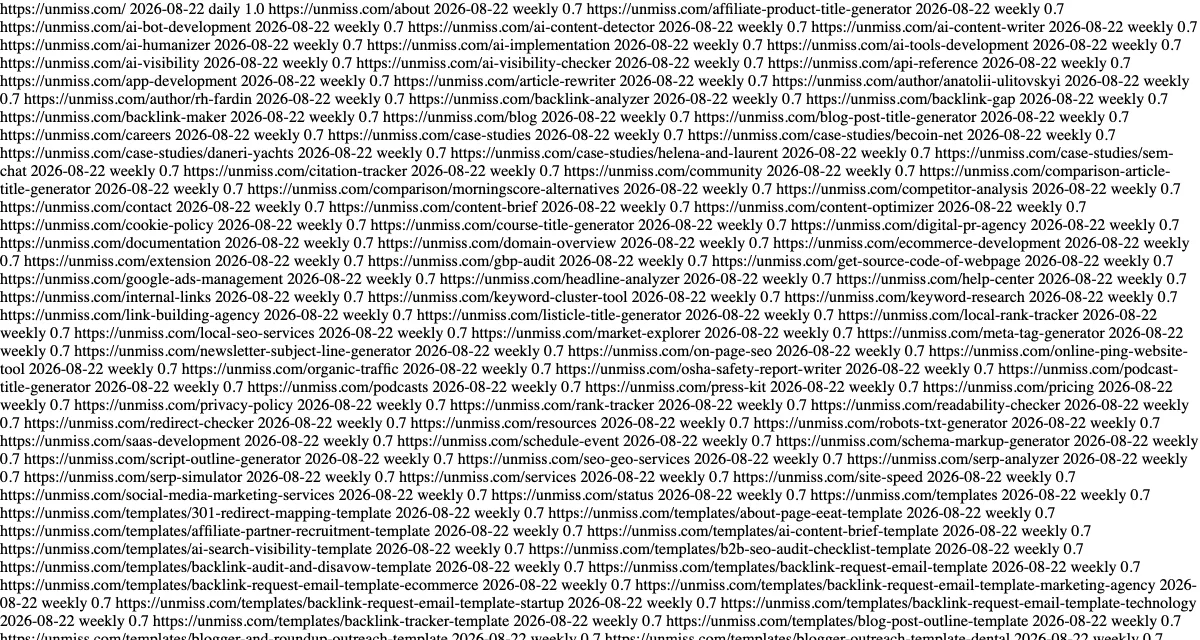The raw XML of unmiss.com's English sitemap shown in a browser, where every URL is followed by a date, the word weekly and the number 0.7, repeated down the whole file.