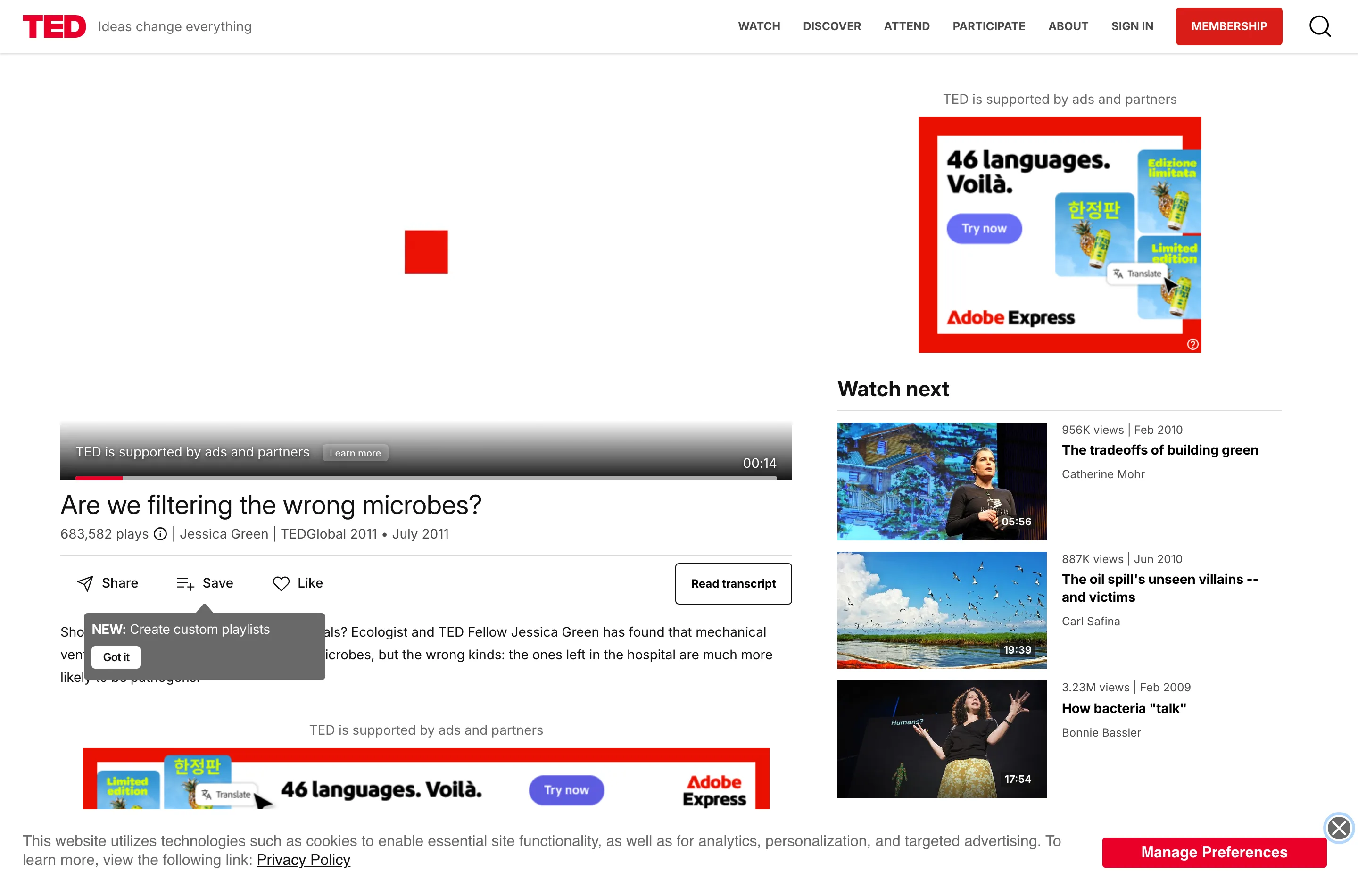 A talk page on ted.com showing the video player, speaker name and transcript navigation