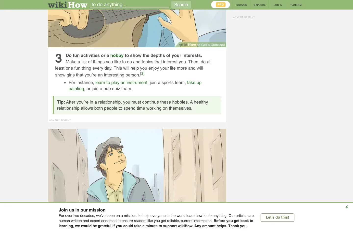 A wikiHow article scrolled to its numbered steps, each one paired with a large custom illustration in wikiHow's hand-drawn style, showing a person playing guitar and a person walking down a street.
