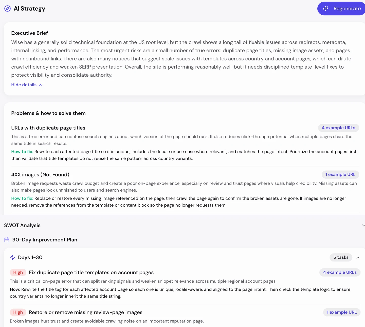 seotools.pro Website Audit AI tab for wise.com: an executive brief, problems with how to fix them, led by URLs with duplicate page titles and 4XX images, and a 90-day improvement plan whose first 30 days start with fixing duplicate title templates on account pages and restoring missing review-page images.