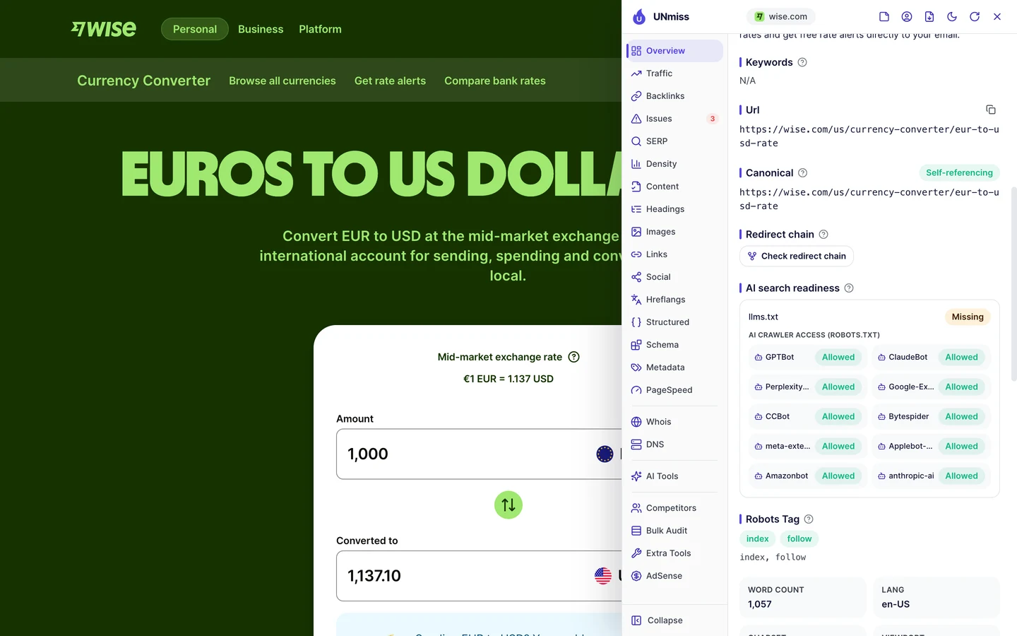 The UNmiss browser extension on Wise's EUR to USD converter showing AI search readiness: llms.txt missing, and AI crawler access from robots.txt with GPTBot, ClaudeBot, PerplexityBot, Google-Extended, CCBot, Bytespider, meta-externalagent, Applebot-Extended, Amazonbot and anthropic-ai all allowed, and the robots tag index, follow.
