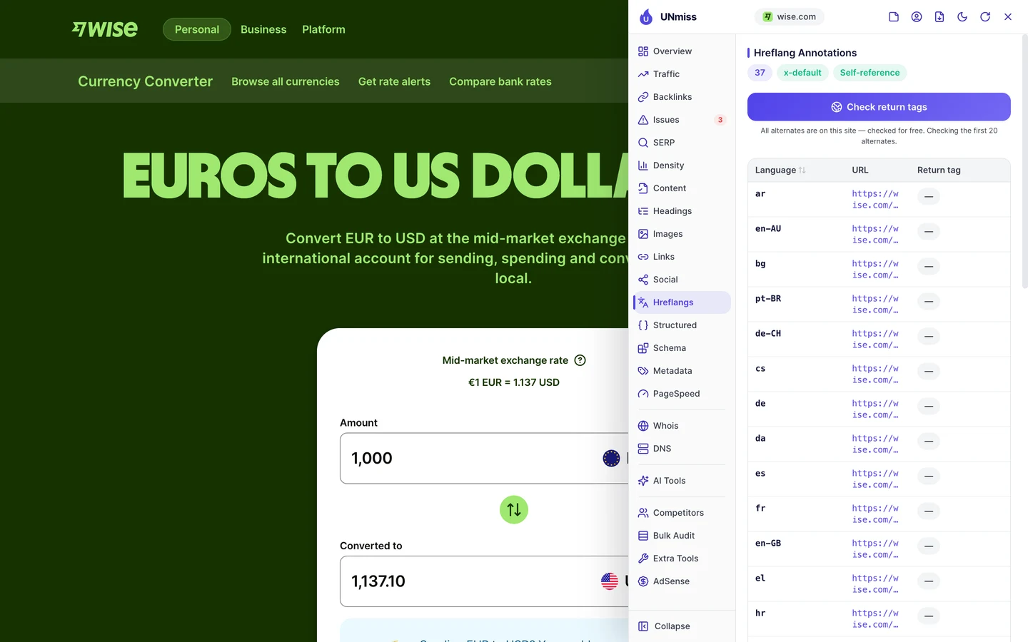 The UNmiss browser extension Hreflangs tab on Wise's EUR to USD converter: 37 hreflang annotations with x-default and a self-reference, listing ar, en-AU, bg, pt-BR, de-CH, cs, de, da, es, fr, en-GB, el and hr versions.