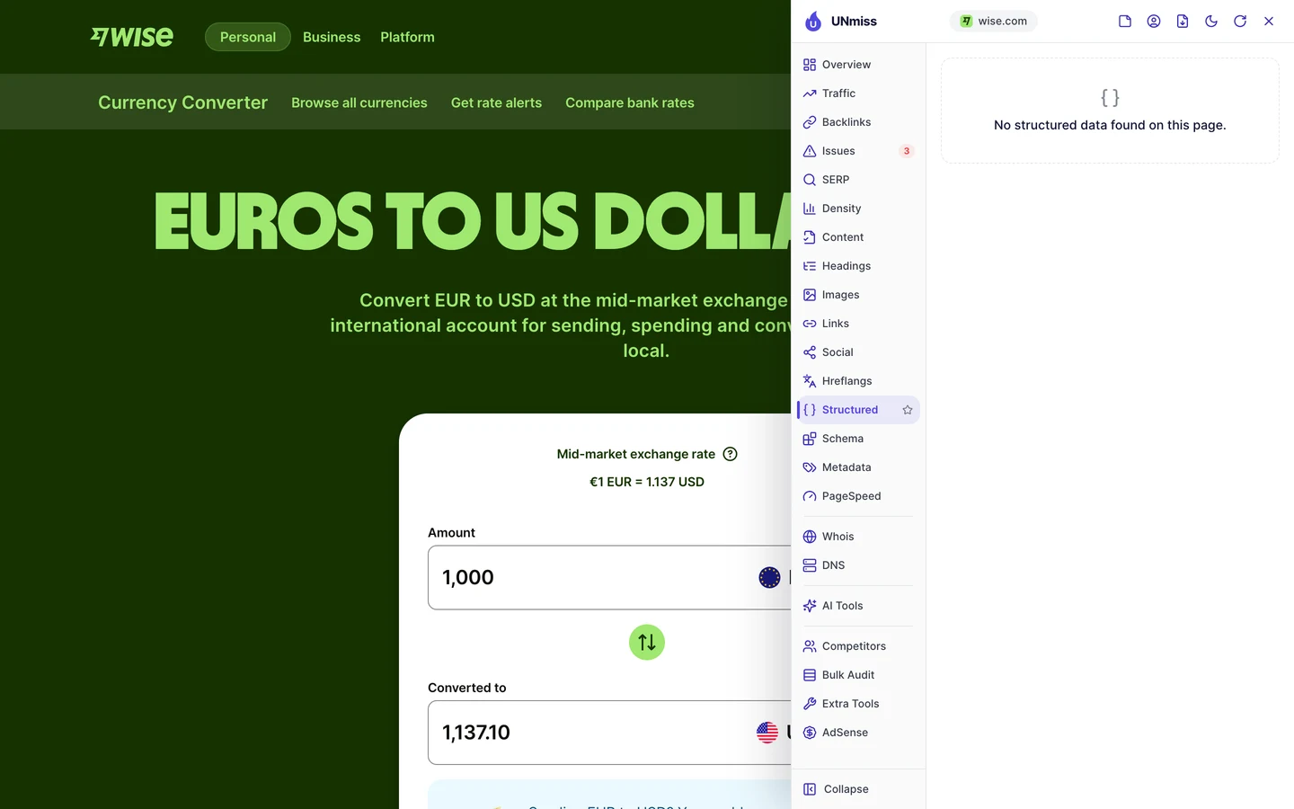 The UNmiss browser extension Structured tab on Wise's EUR to USD converter reading No structured data found on this page.