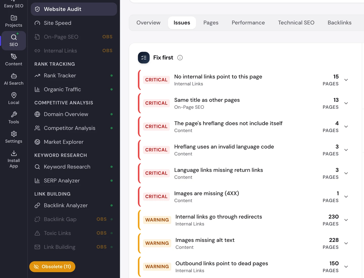 seotools.pro Website Audit issues for wise.com: critical errors led by pages with no internal links on 15 pages, the same title as other pages on 13, hreflang problems on 3 to 4 pages each and a missing image, then warnings for internal links through redirects on 230 pages, images missing alt text on 228 and outbound links to dead pages on 150.