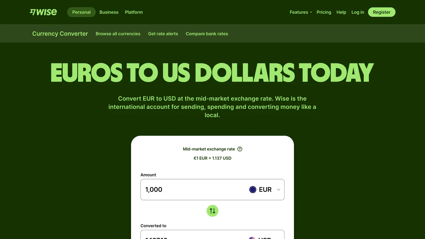 Wise's EUR to USD currency converter page with the headline Euros to US dollars today, the mid-market rate of 1 EUR to 1.137 USD, and a converter box with 1,000 EUR in the amount field.
