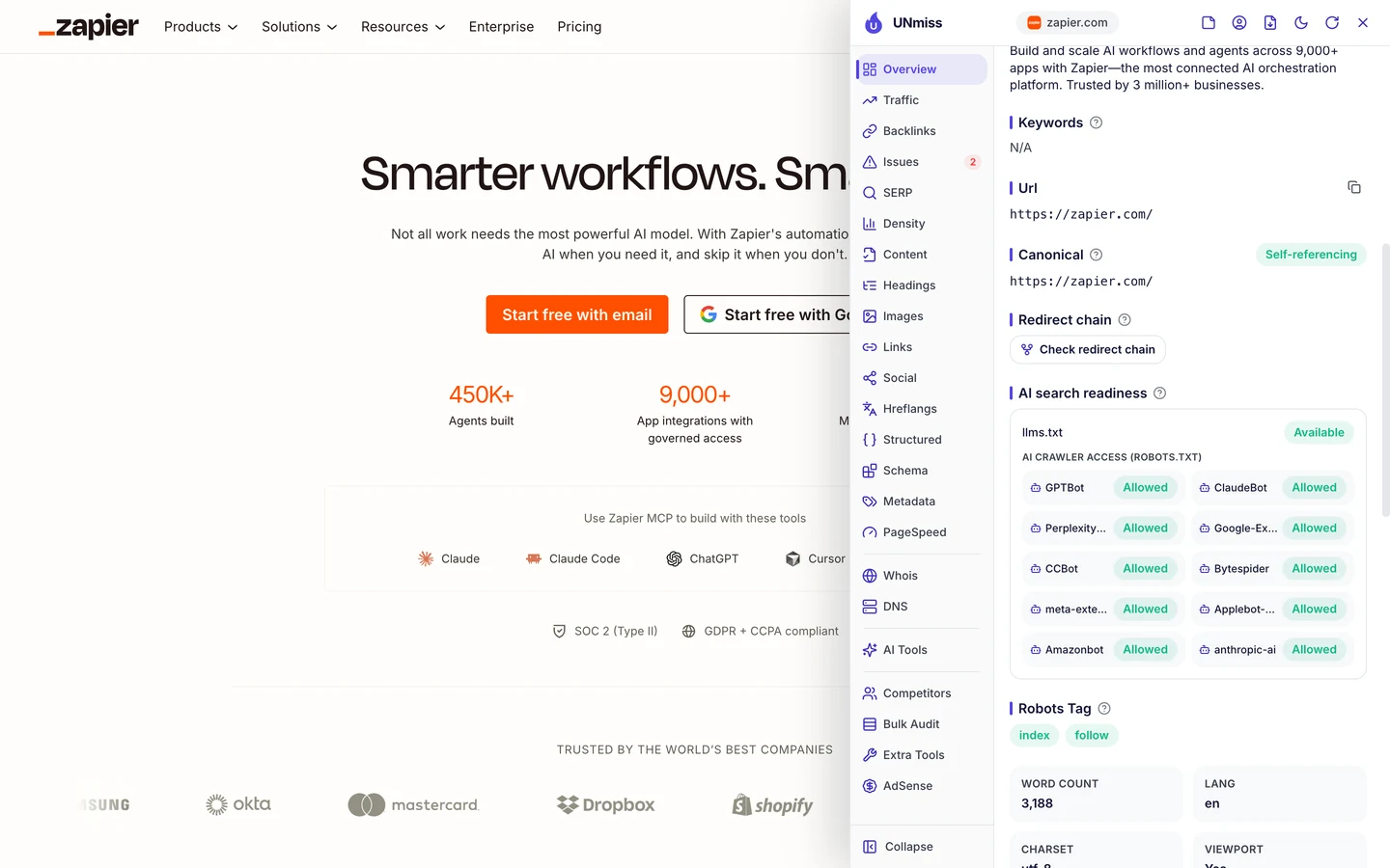The UNmiss browser extension on the zapier.com homepage showing AI search readiness: llms.txt available, and every AI crawler allowed by robots.txt, including GPTBot, ClaudeBot, PerplexityBot, Google-Extended, CCBot, Bytespider, meta-externalagent, Applebot-Extended, Amazonbot and anthropic-ai.
