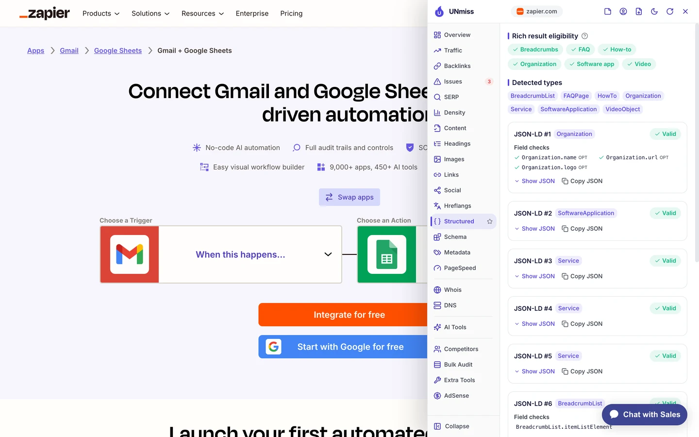 The UNmiss browser extension Structured tab on Zapier's Gmail and Google Sheets page: rich result eligibility for Breadcrumbs, FAQ, How-to, Organization, Software app and Video, with detected types BreadcrumbList, FAQPage, HowTo, Organization, Service, SoftwareApplication and VideoObject, and valid JSON-LD blocks.