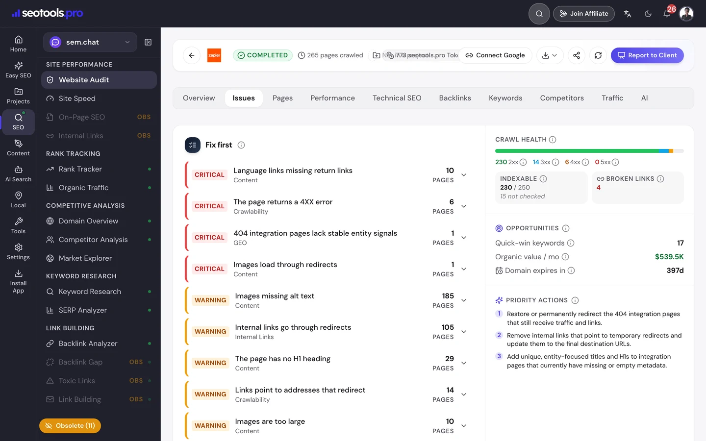 seotools.pro Website Audit issues for zapier.com: critical errors for language links missing return links on 10 pages, 4XX errors on 6 pages, 404 integration pages lacking stable signals and images loading through redirects, then warnings for images missing alt text on 185 pages, internal links through redirects on 105 pages and no H1 on 29 pages, next to priority actions.