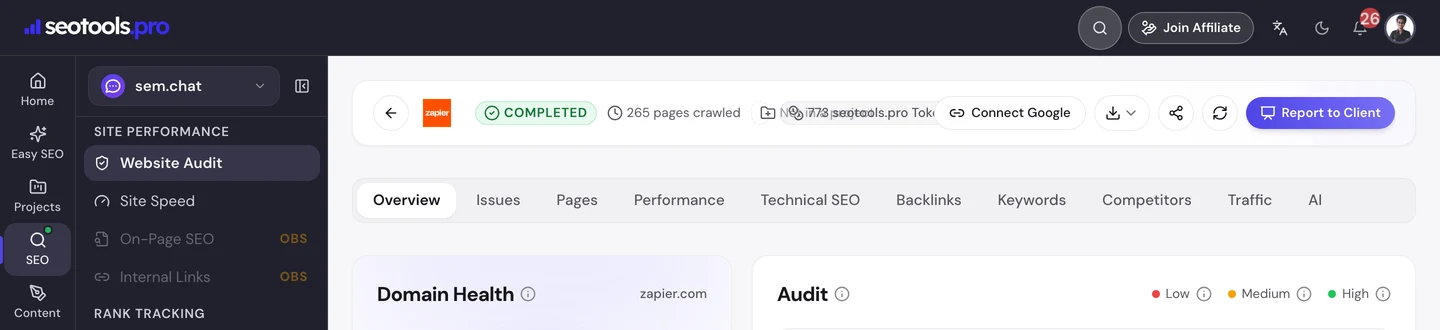 seotools.pro Website Audit for zapier.com, September 2026: 265 pages crawled, a domain health score of 87 rated good, and 17 critical errors, 351 warnings and 1,324 notices, with the audit bars for titles, descriptions, headlines, content, speed, keywords, images, social and links.