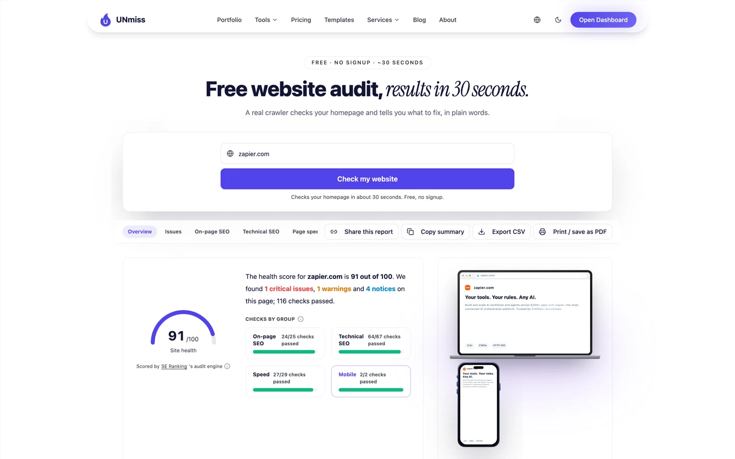UNmiss Website Audit for zapier.com scoring 91 out of 100 site health, with 1 critical issue, 1 warning, 4 notices and 116 checks passed.